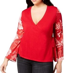 I.N.C International Concepts Red Wrap Top W/ Floral Sheer Statement Sleeves Sz L